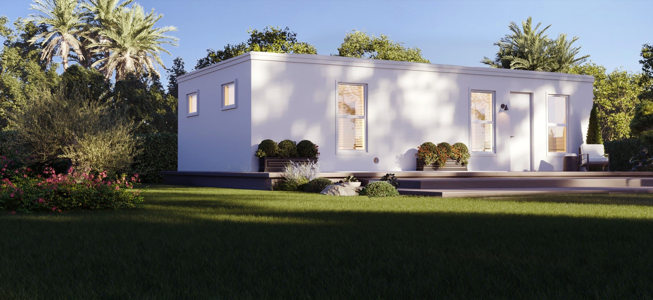 A Boxabl Casita One Bedroom in a landscaped backyard