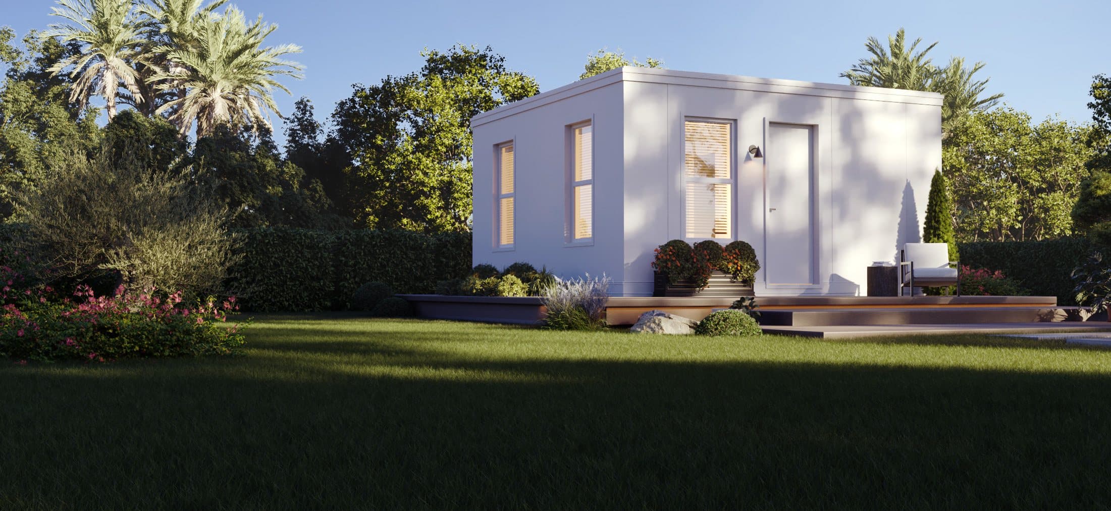 A Boxabl Casita Studio in a landscaped Southern California backyard