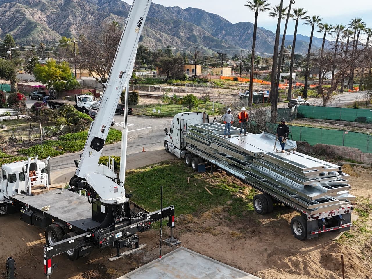 Panelized light-gauge steel wall panels delivered to an ADU build site